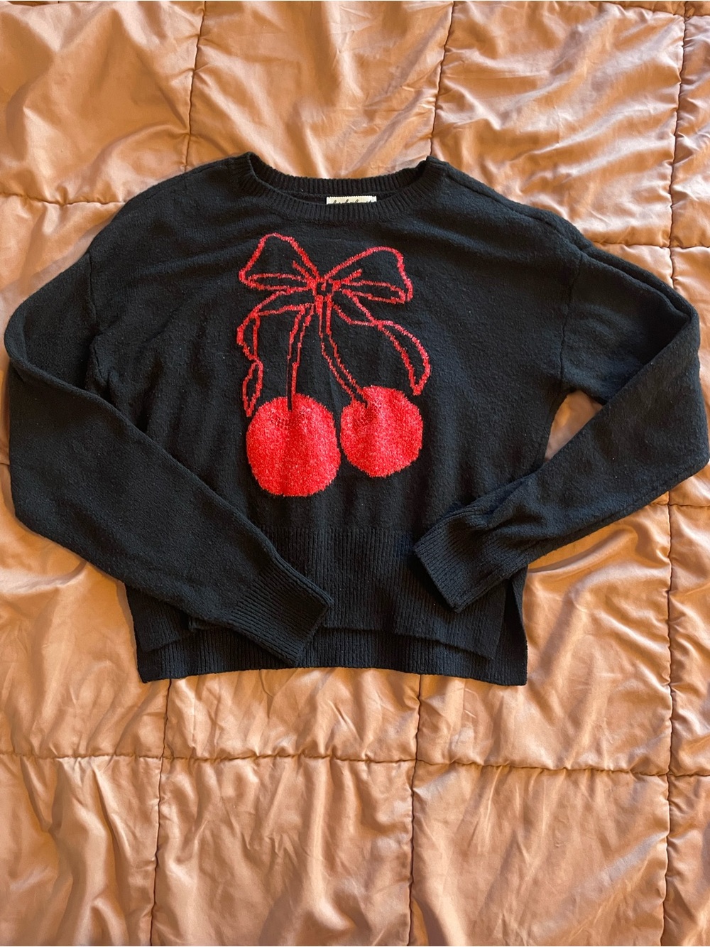Black Sweater with Red Cherry Graphic
